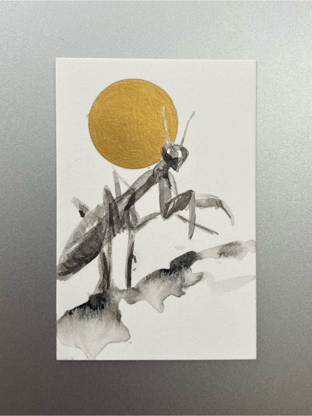 Original praying mantis painting art sumi-e style ink gift insect collectible